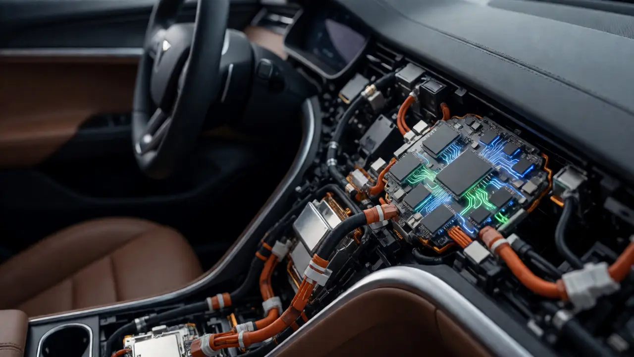 Close-up of advanced automotive semiconductors inside an EV dashboard