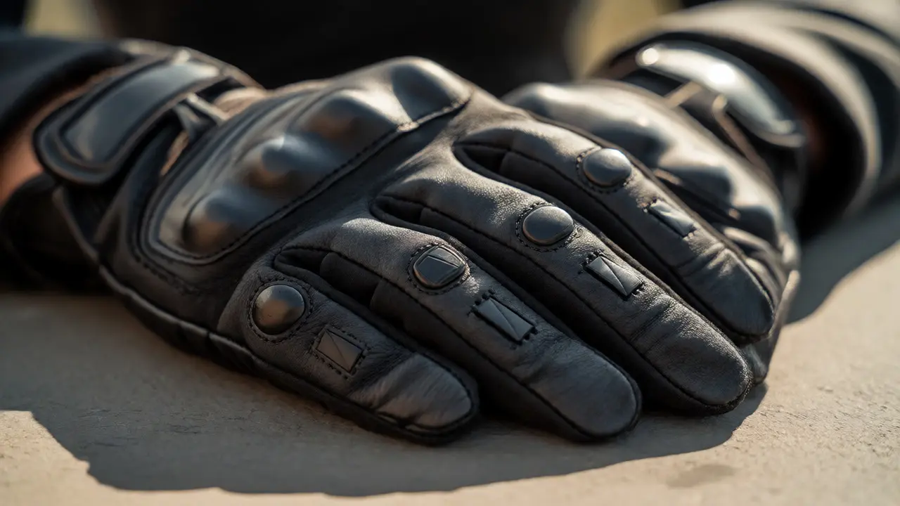 Close-up of motorcycle gloves showing secure fit and lack of excess fabric.