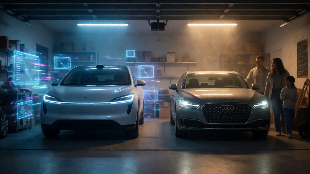 Comparison between new tech-heavy EV and stable used luxury car