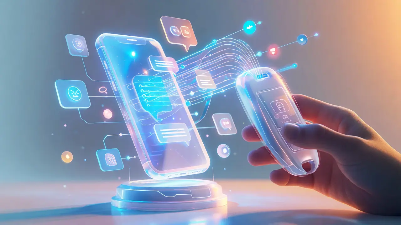 Conceptual 3D render of light streams connecting a phone and car key fob