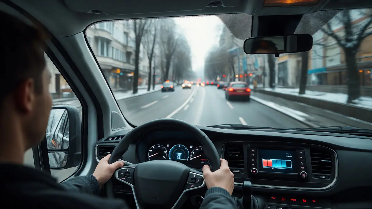 Driver's view inside an electric van navigating city streets in cold weather.