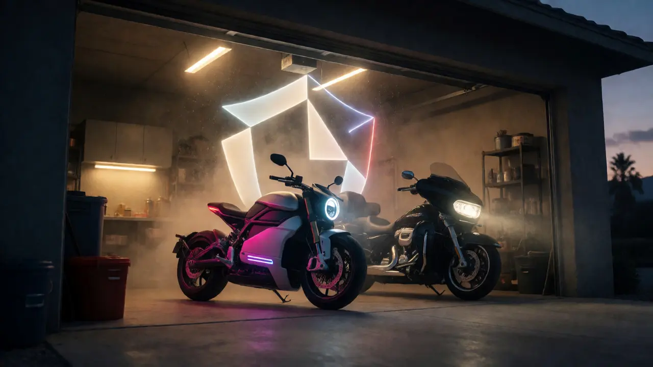 Electric and gas motorcycles in garage with abstract coverage shields