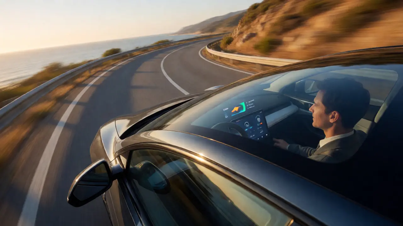 EV accelerating on coastal road showcasing improved performance dynamics