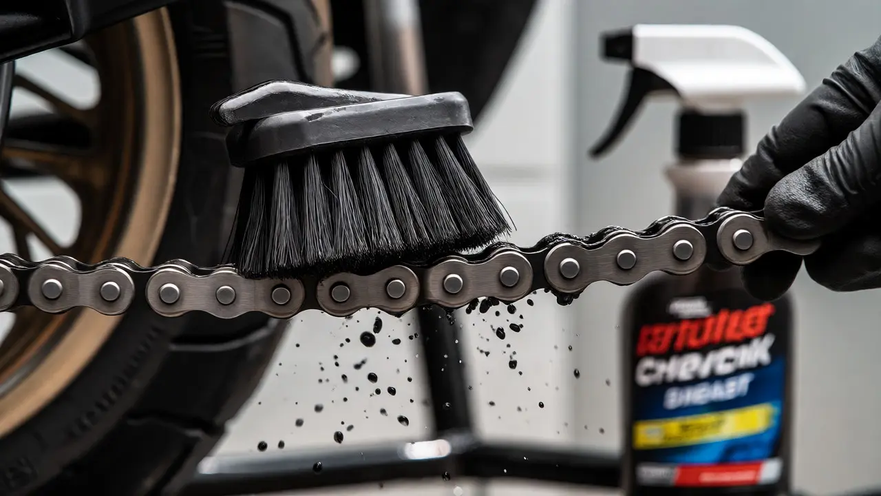 Gloved hand scrubbing a rotating motorcycle chain with a stiff brush during cleaning.