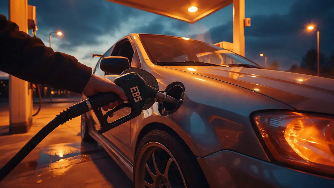 Hand refueling a performance hatchback with E85 at a gas station during twilight.