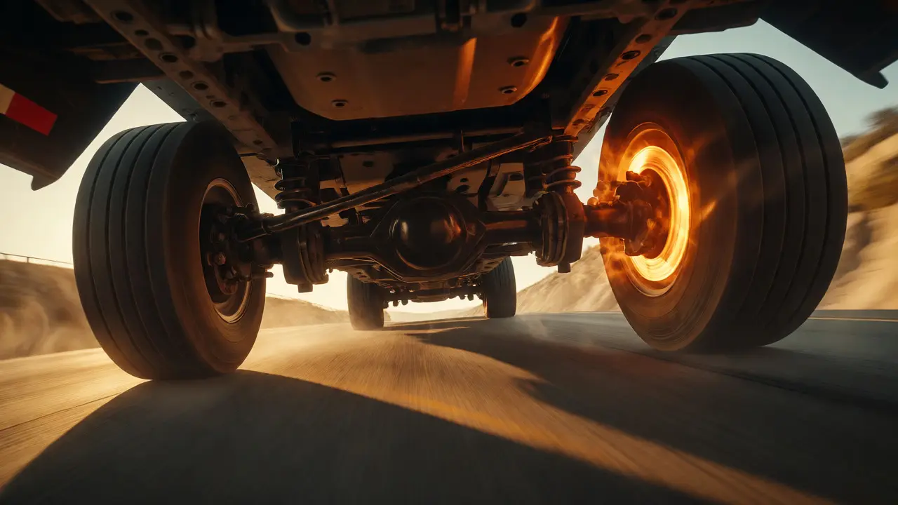 Heavy-duty truck pulling a trailer uphill with steaming brakes and exhaust