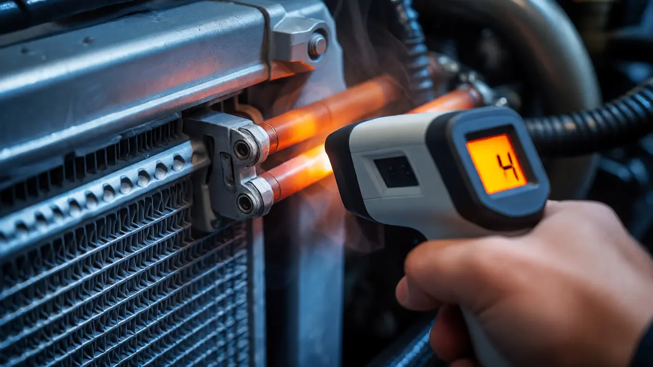Infrared thermometer checking hot transmission cooler lines on a truck