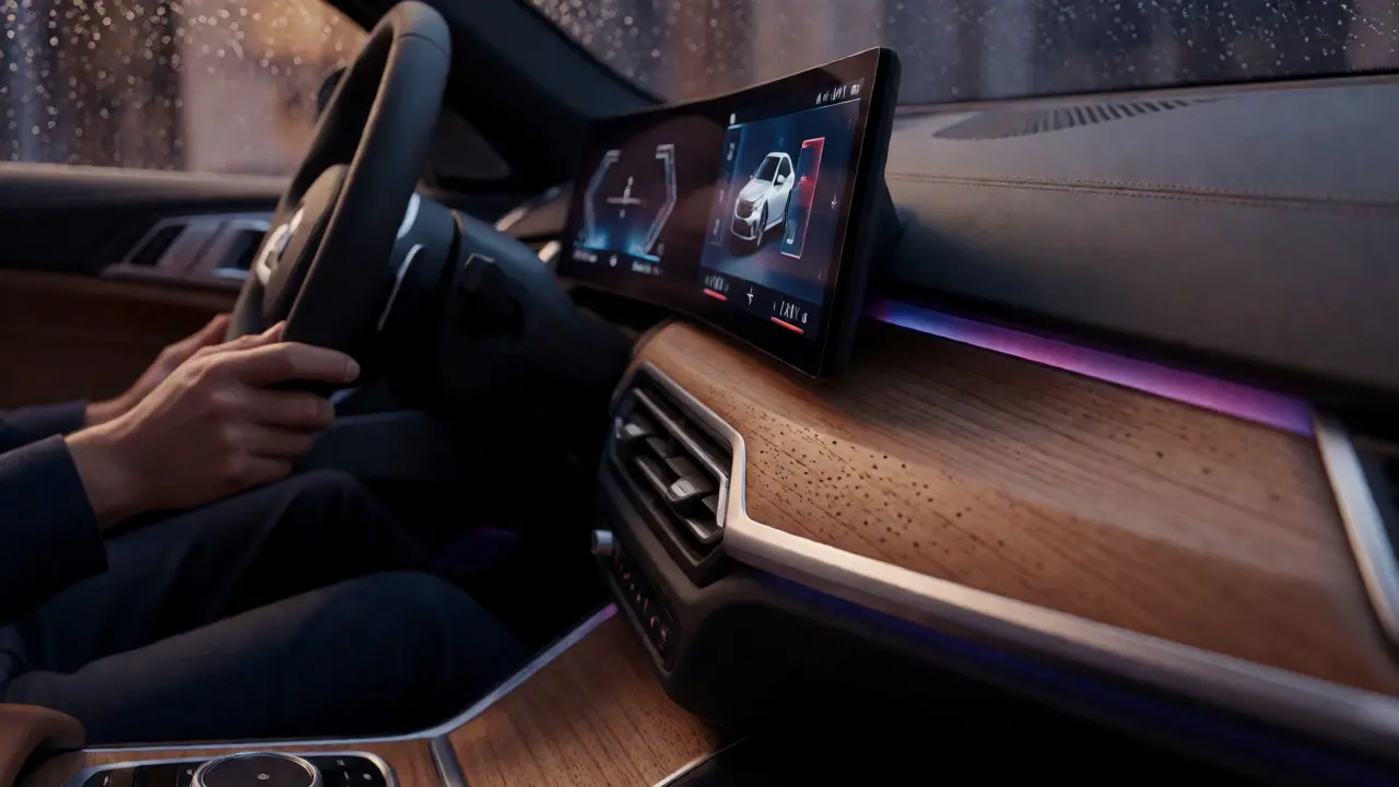 Luxury BMW interior with curved display and wood trim