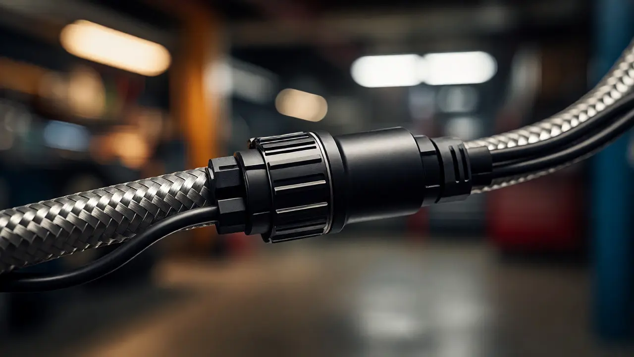 Macro view of a flex-fuel sensor installed on a braided fuel line in a garage setting.