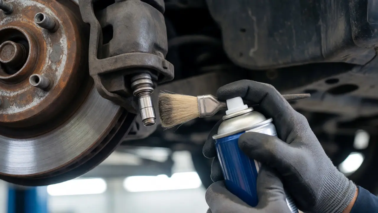 Mechanic cleaning a dirty wheel speed sensor with brake cleaner and brush