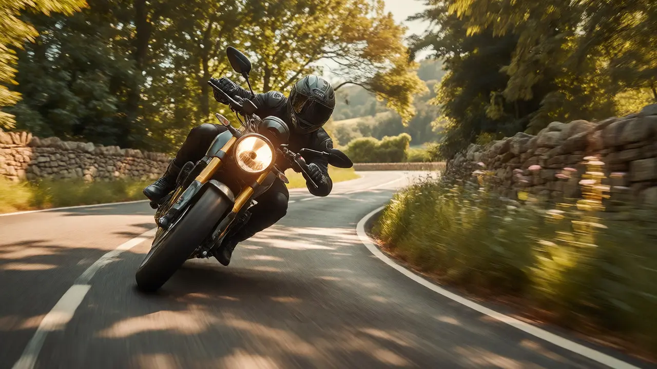 Motorcycle leaning into a curve on a sun-dappled scenic backroad surrounded by nature.