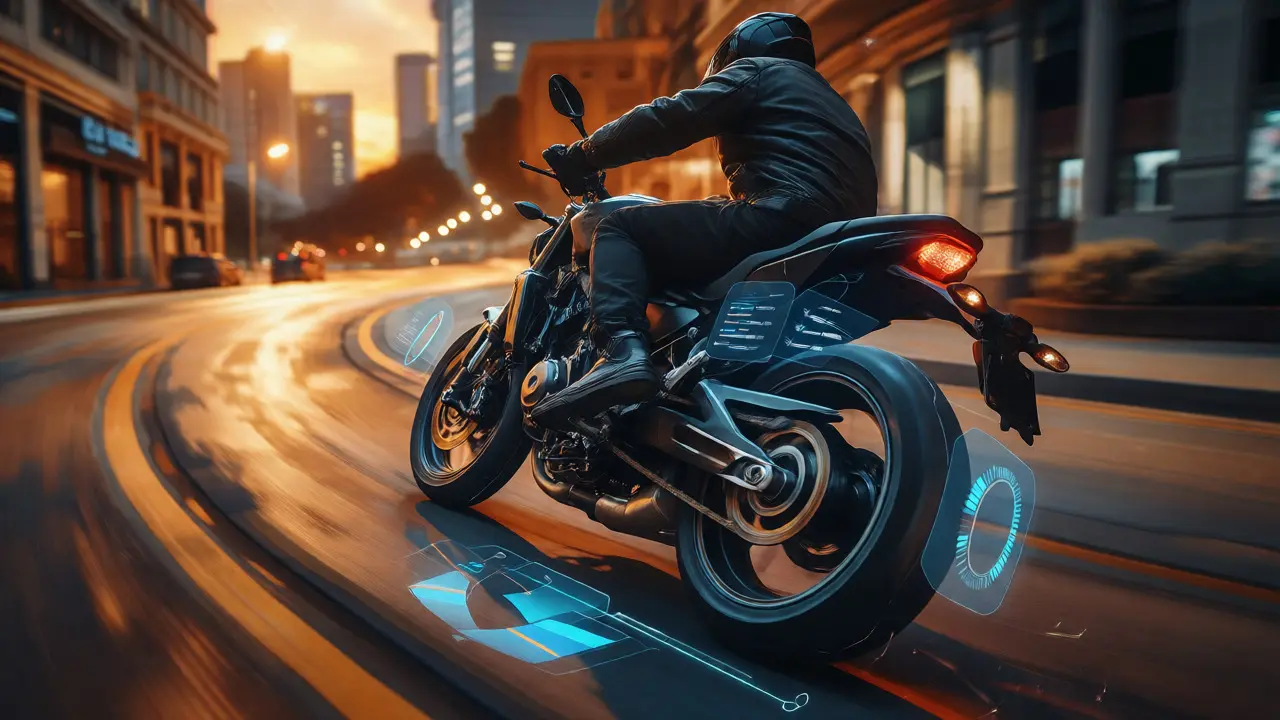 Motorcyclist cornering with subtle holographic data overlays indicating real-time telemetry.
