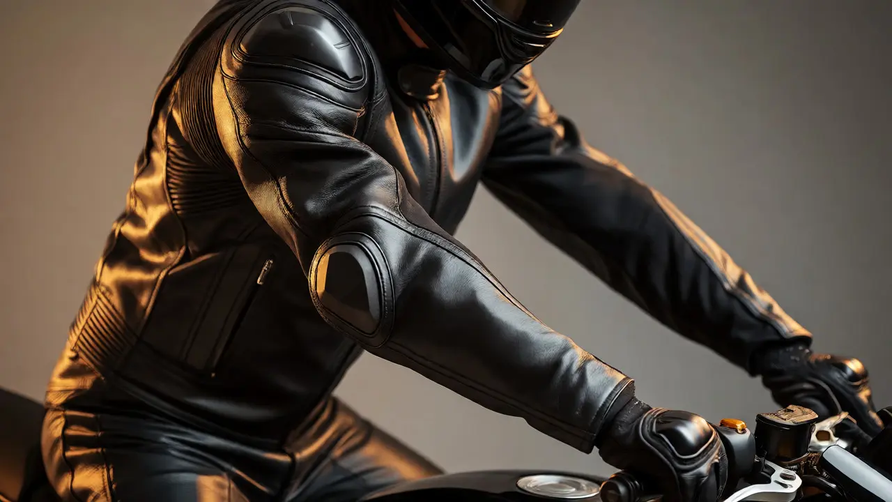 Motorcyclist in leather gear demonstrating proper sleeve length in riding stance.