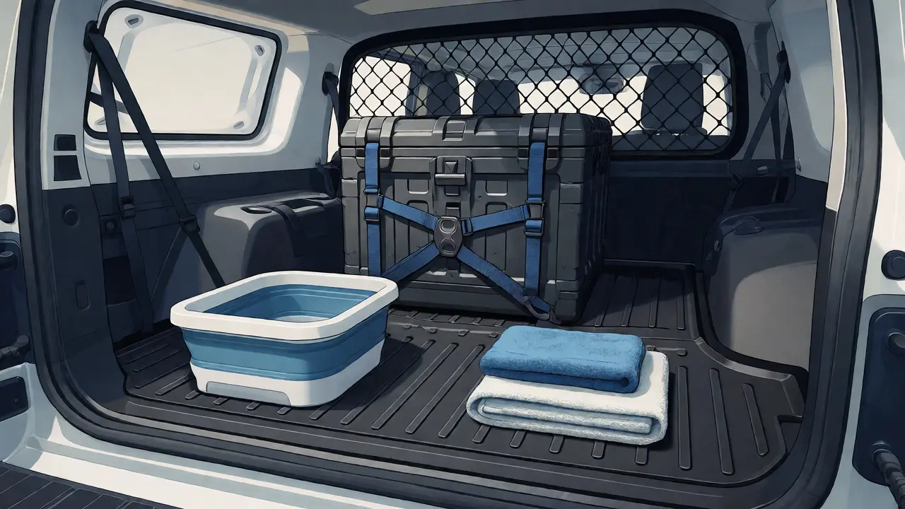 Organized SUV trunk with a secure crate, mesh guards, and cleaning supplies.