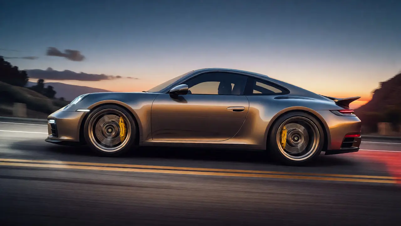 Restomod Porsche 911 driving on a coastal road at sunset