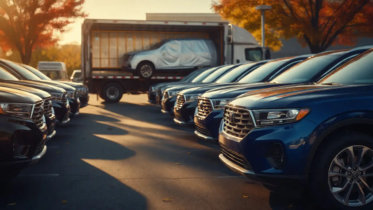 Rows of discounted SUVs on a dealership lot during autumn