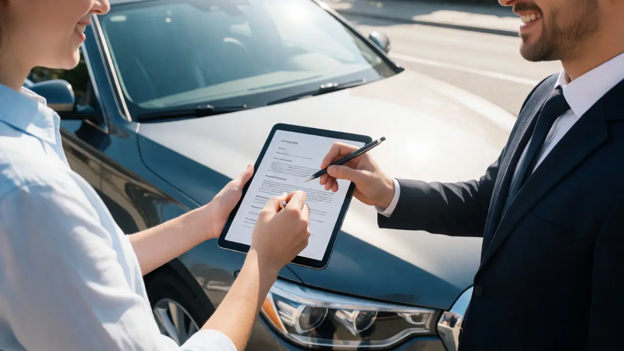 Sales consultant and customer completing digital paperwork next to a polished car.