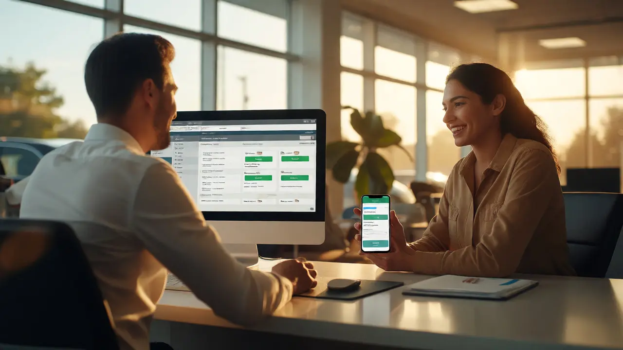 Sales consultant and customer smiling in a bright dealership office with smartphones
