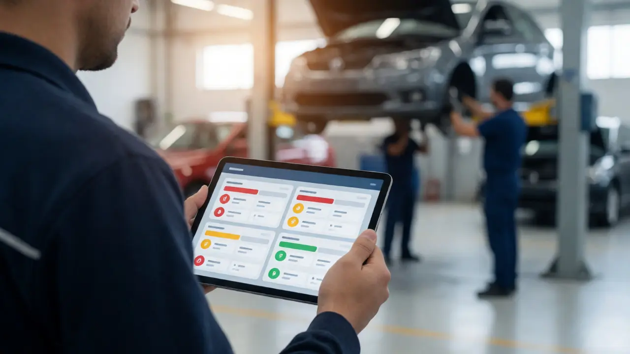 Service manager viewing a color-coded vehicle status dashboard on a tablet in a workshop.