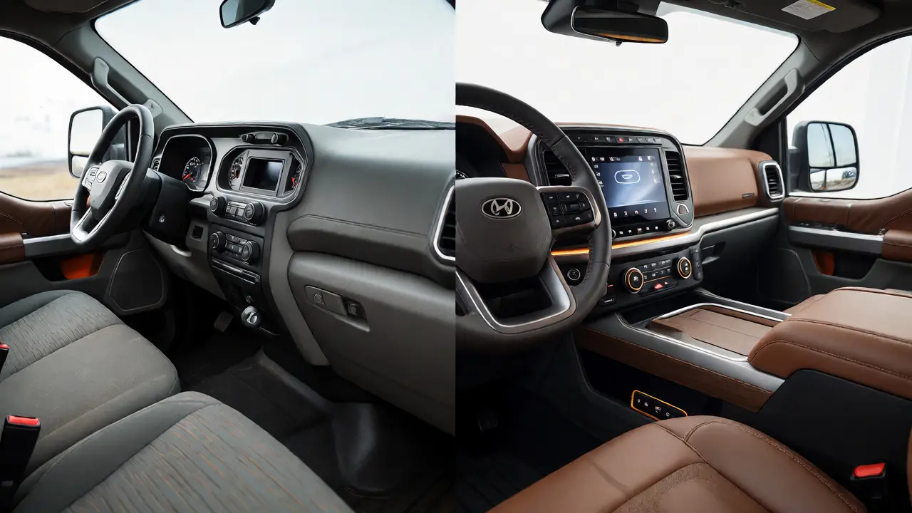 Side-by-side view of a basic work truck dashboard versus a high-tech luxury interior.