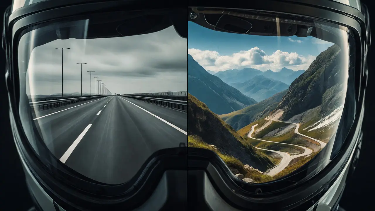 Split view comparing a monotonous straight highway with an engaging, winding mountain pass.