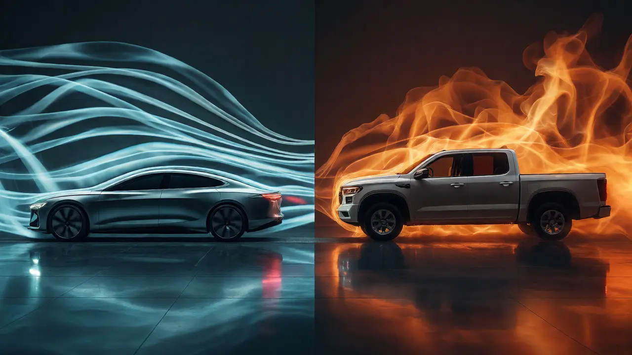 Split view comparing aerodynamic sedan with smooth airflow against a boxy truck with turbulent air currents.