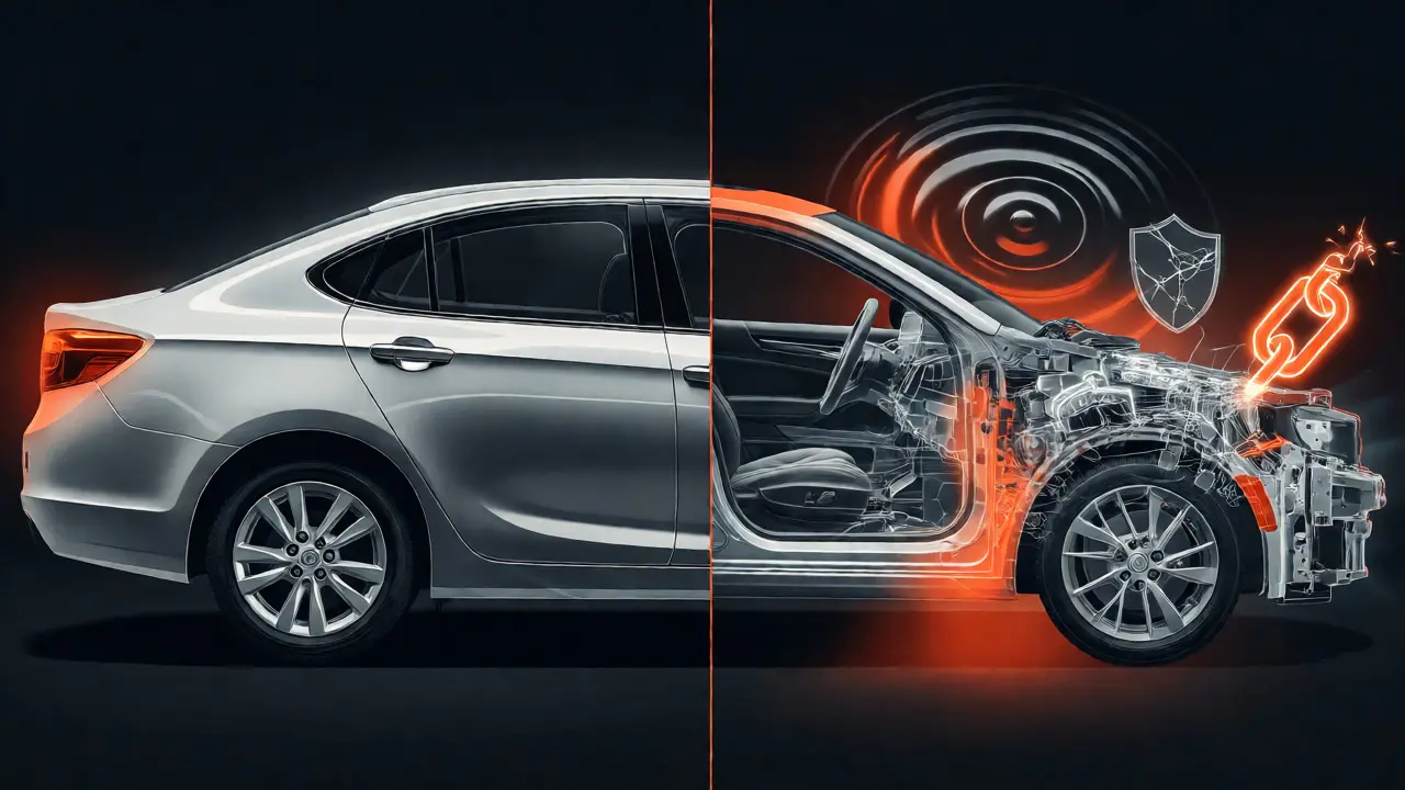Split-view illustration of a car showing exterior versus internal structural history.