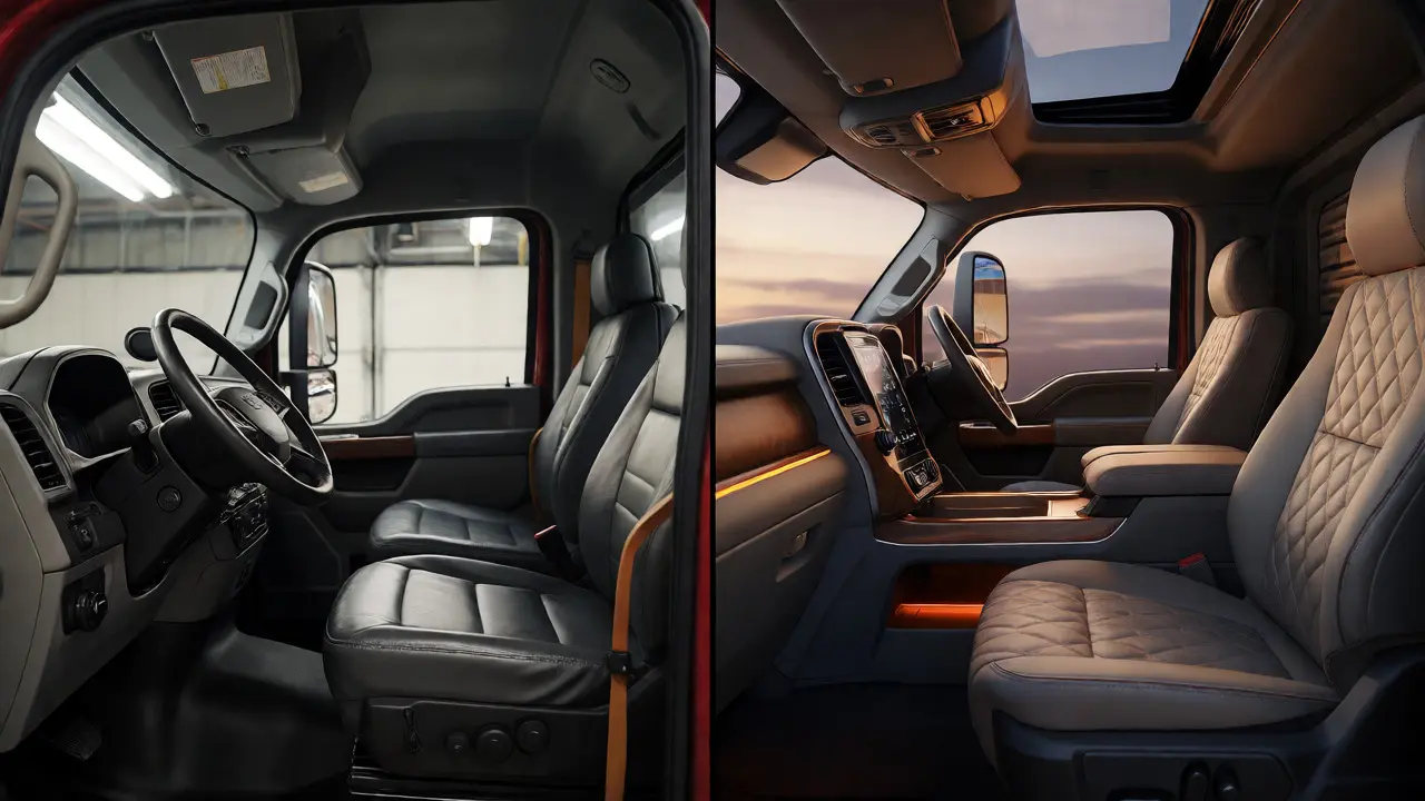 Split view of a basic work truck interior and a luxurious leather-trimmed cabin