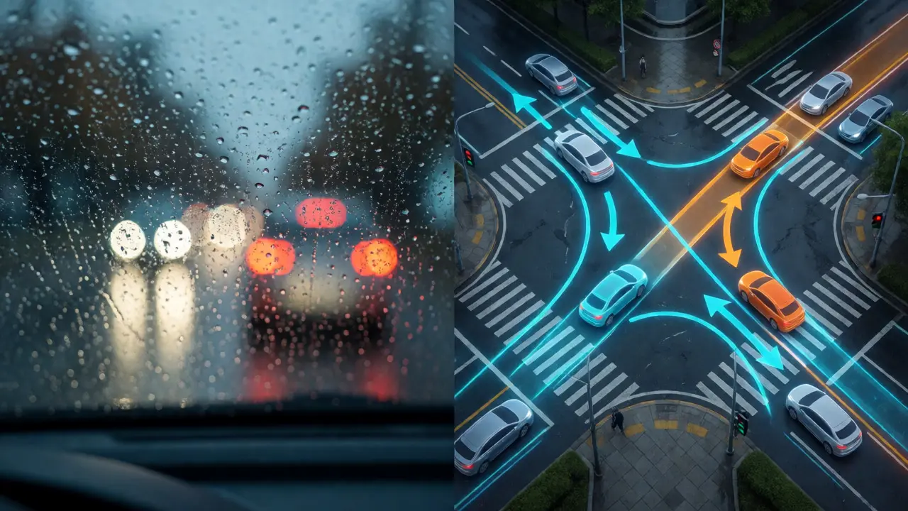 Split view showing poor visibility versus clear V2V data overlays in rain