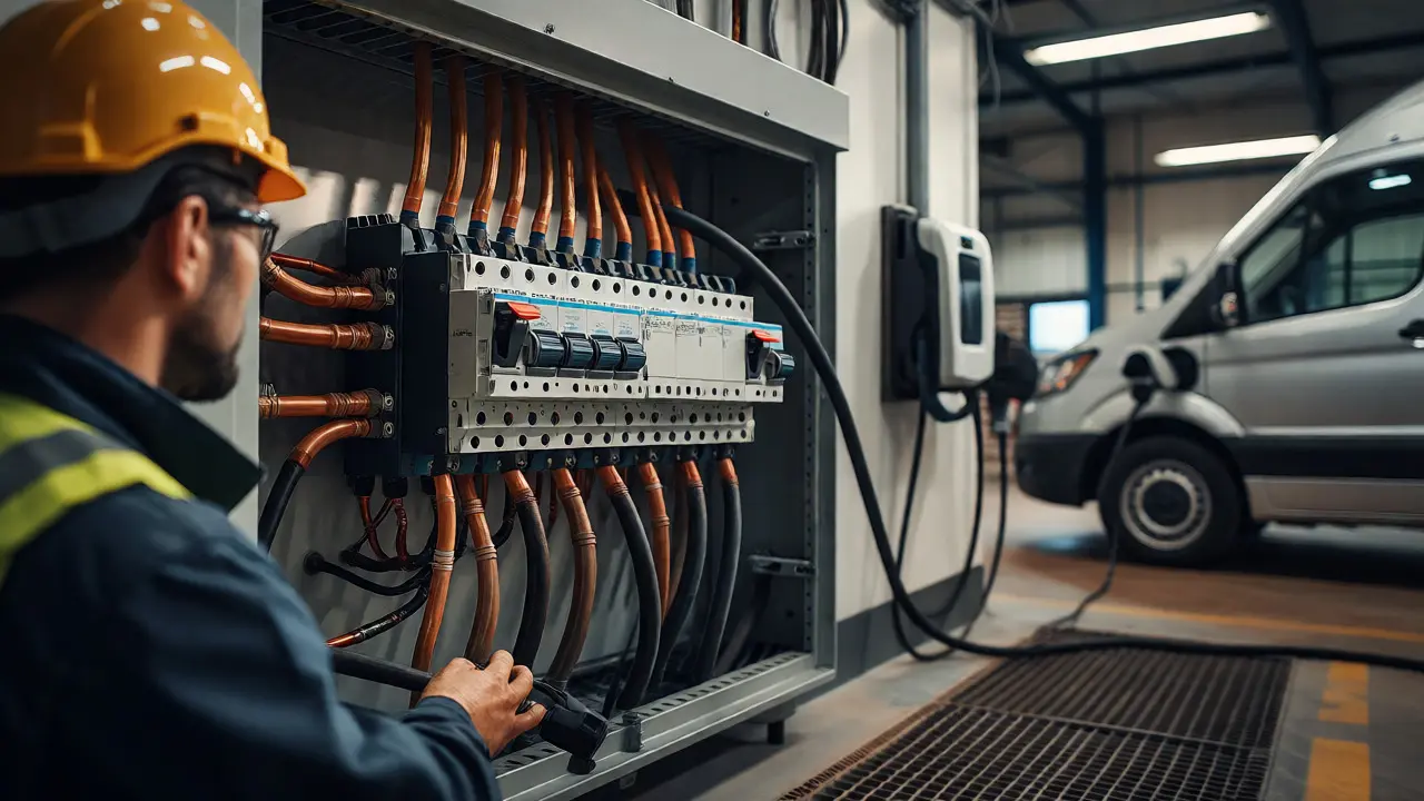 Technician upgrading electrical infrastructure for fleet charging stations.
