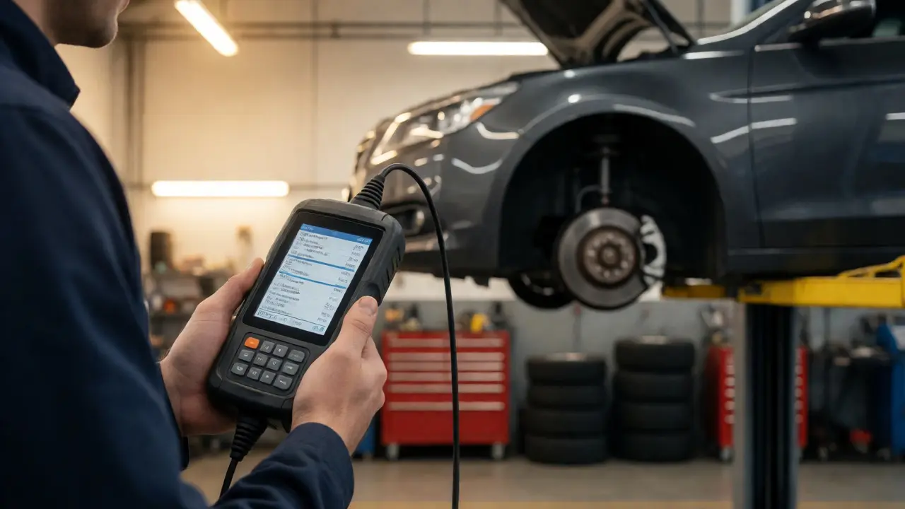 Technician using an OBD-II scanner to diagnose ABS faults in a garage