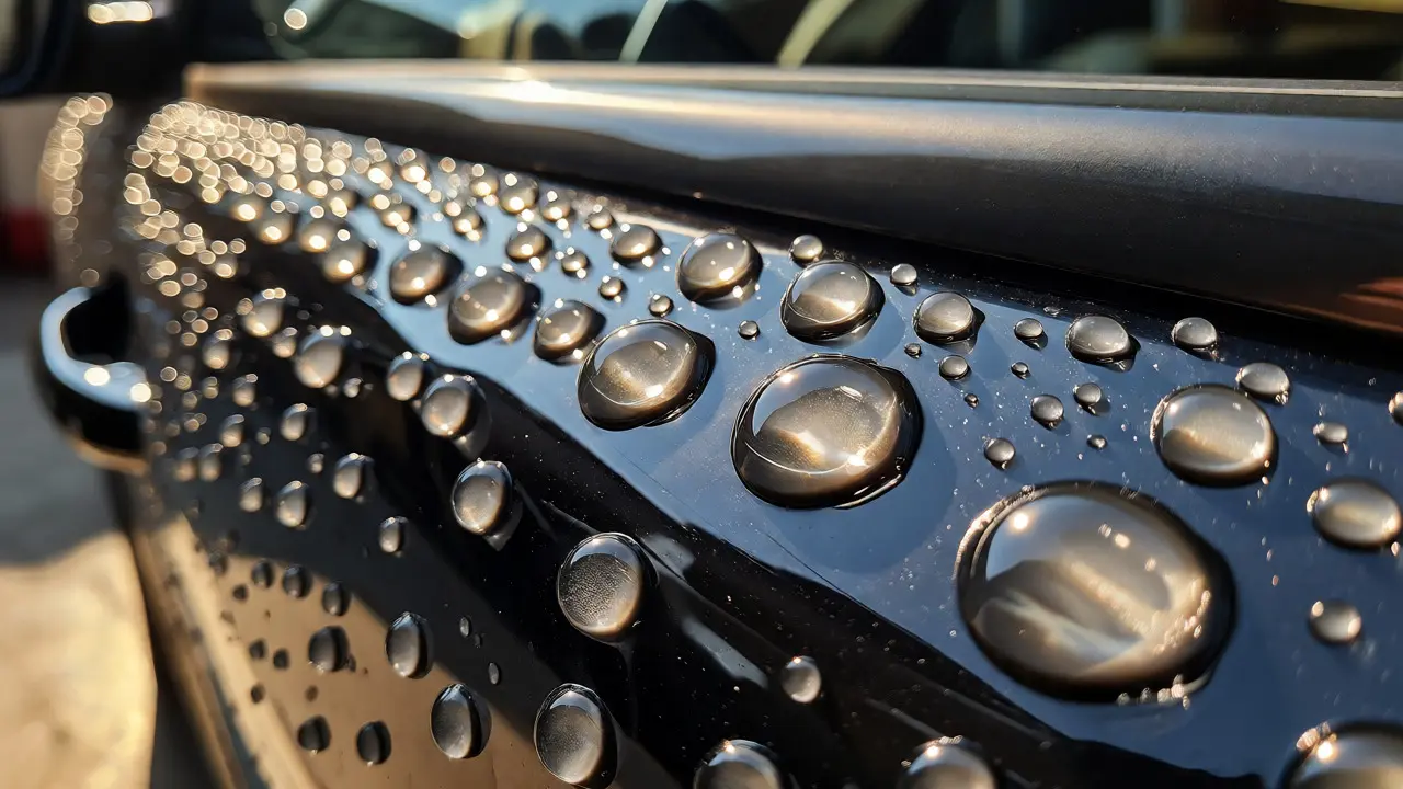 Water beading on a ceramic-coated car surface