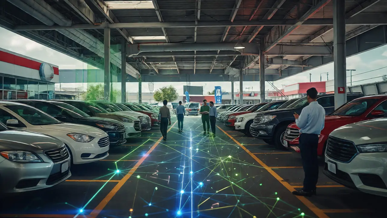 Wide view of a car lot with digital network overlays showing connectivity