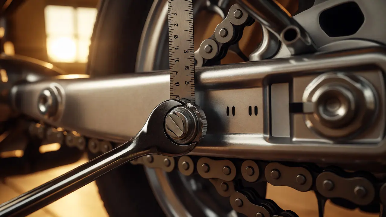 Wrench adjusting chain tension while a ruler measures slack on a motorcycle swingarm.