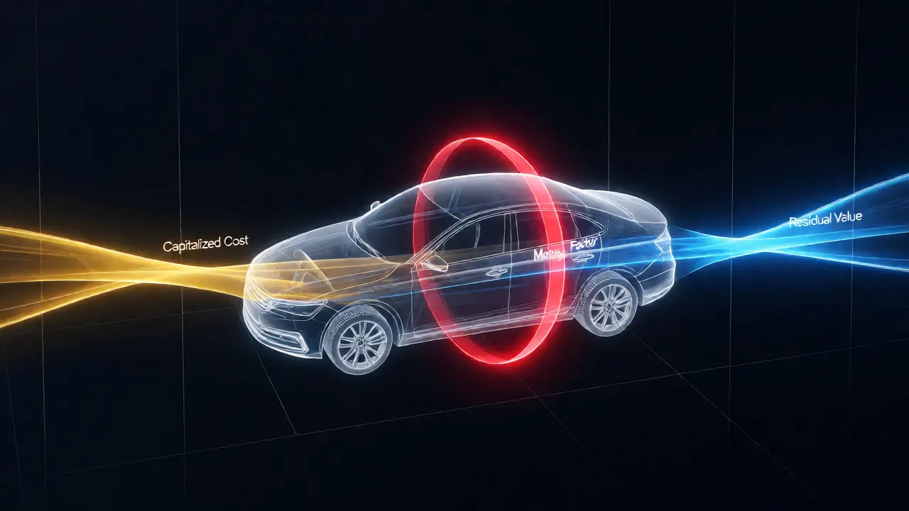 Abstract visualization of car lease financial components including cap cost and residual value