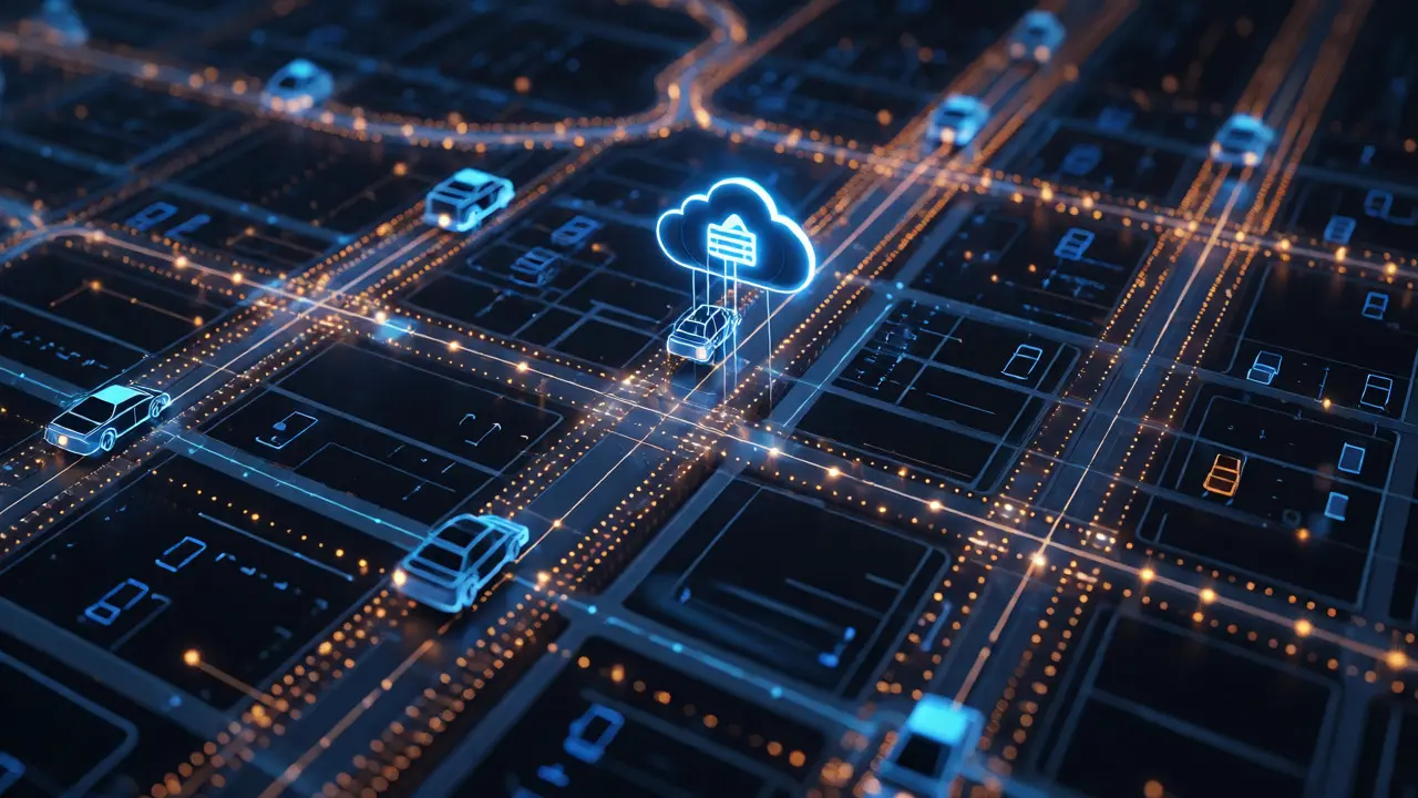 Abstract visualization of glowing data streams connecting vehicles on a digital city map.