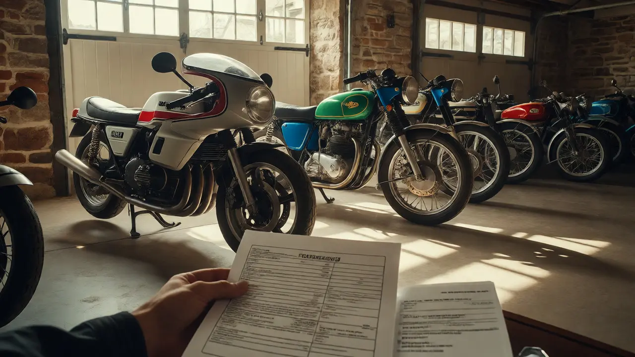 Antique motorcycles in a garage with appraisal documents