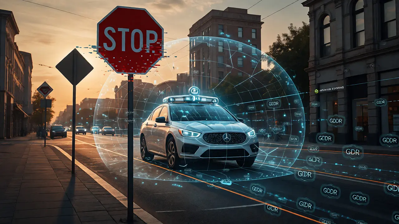 Autonomous vehicle navigating city streets with digital AI perception layers and encryption bubbles.