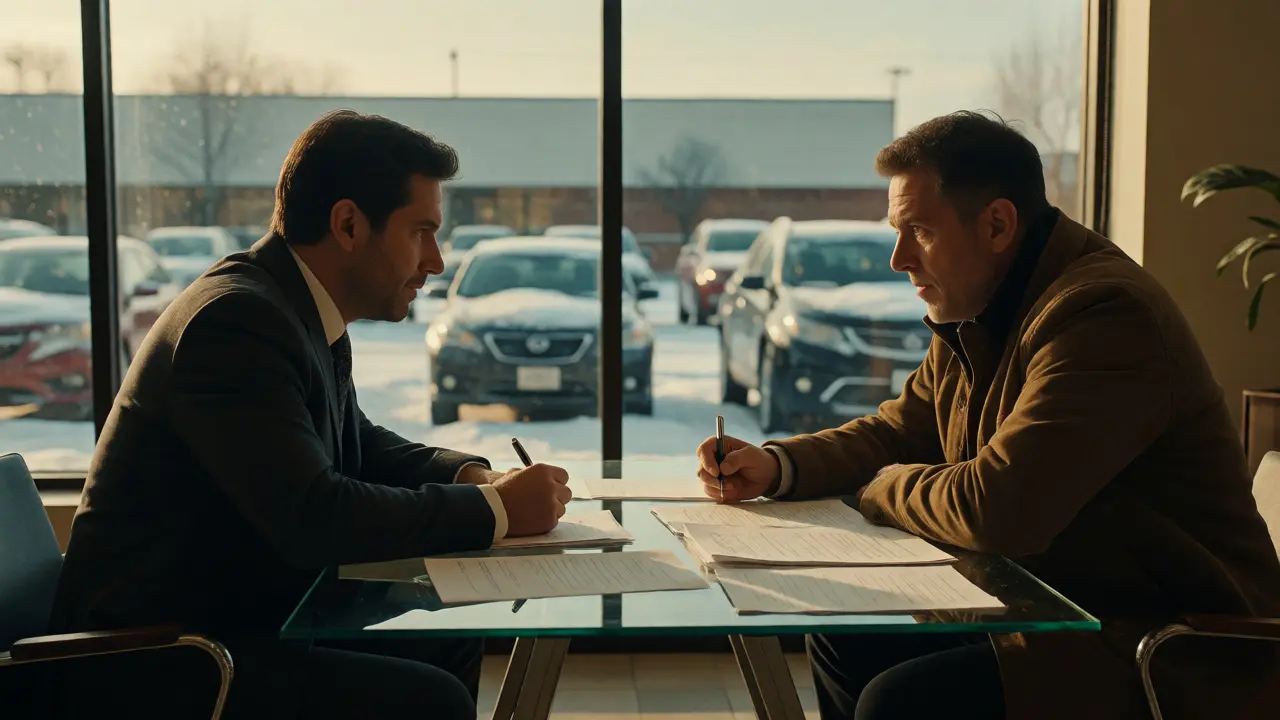 Buyer and dealer negotiating paperwork in a dealership office
