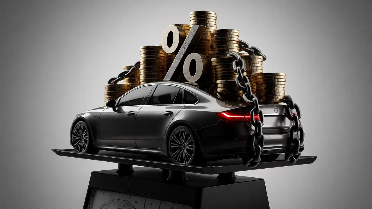 Car weighed down by stacks of coins representing high interest costs