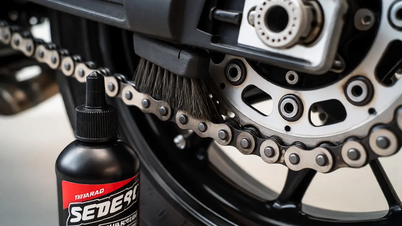 Cleaning motorcycle chain with brush on rear paddock stand