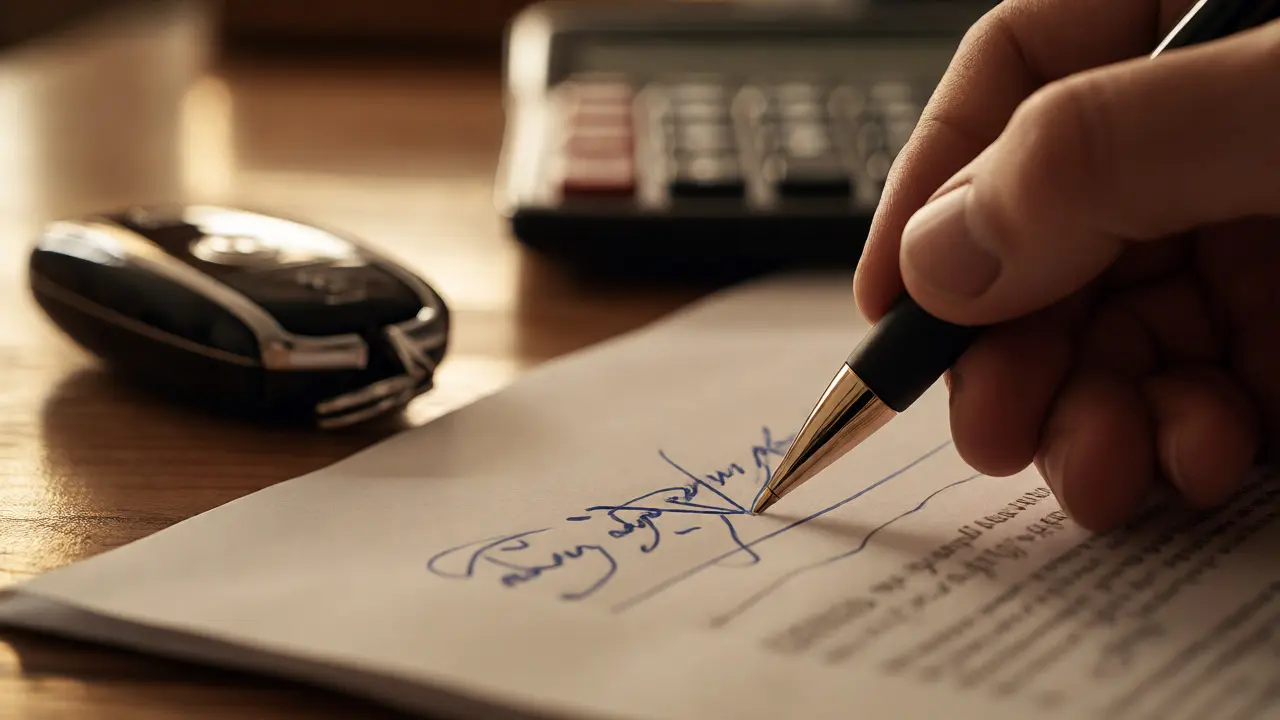 Close-up of a hand signing a lease agreement with car keys in the background