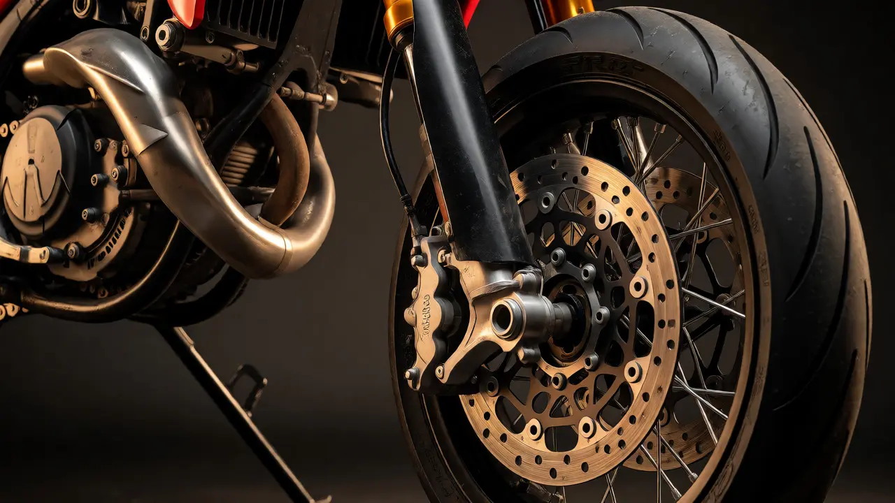 Close-up of supermoto front brake disc and street tire on spoked wheel