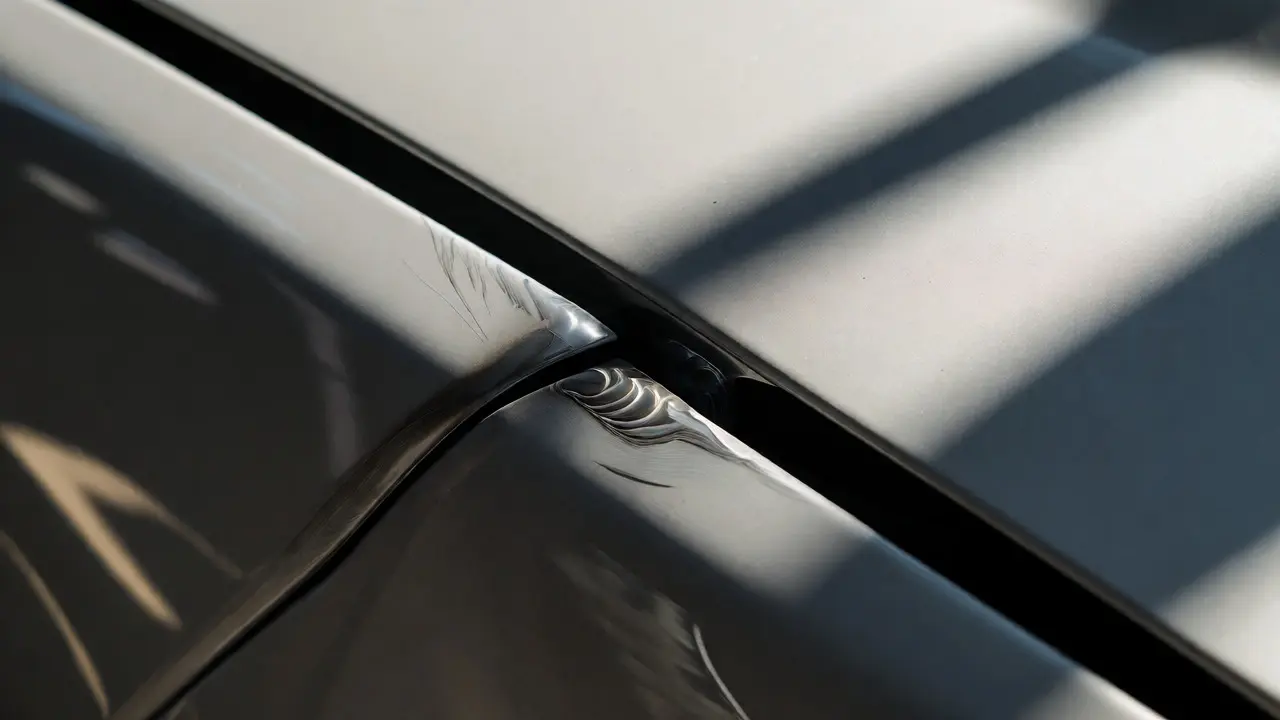 Close-up of uneven panel gaps on a car fender indicating potential frame damage.
