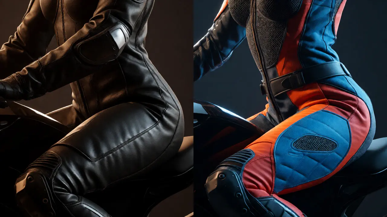 Comparison of leather versus textile motorcycle suits tailored for female riders.