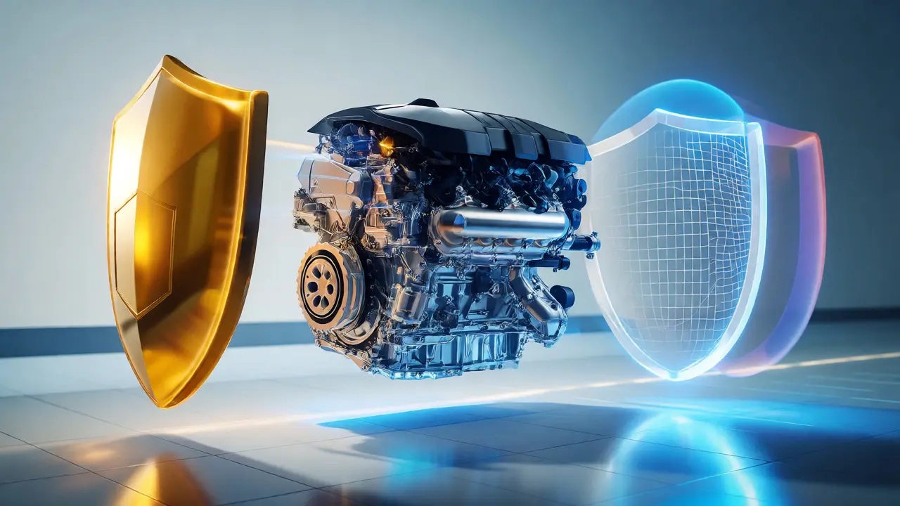 Conceptual art of a car engine protected by various abstract shields representing warranties.