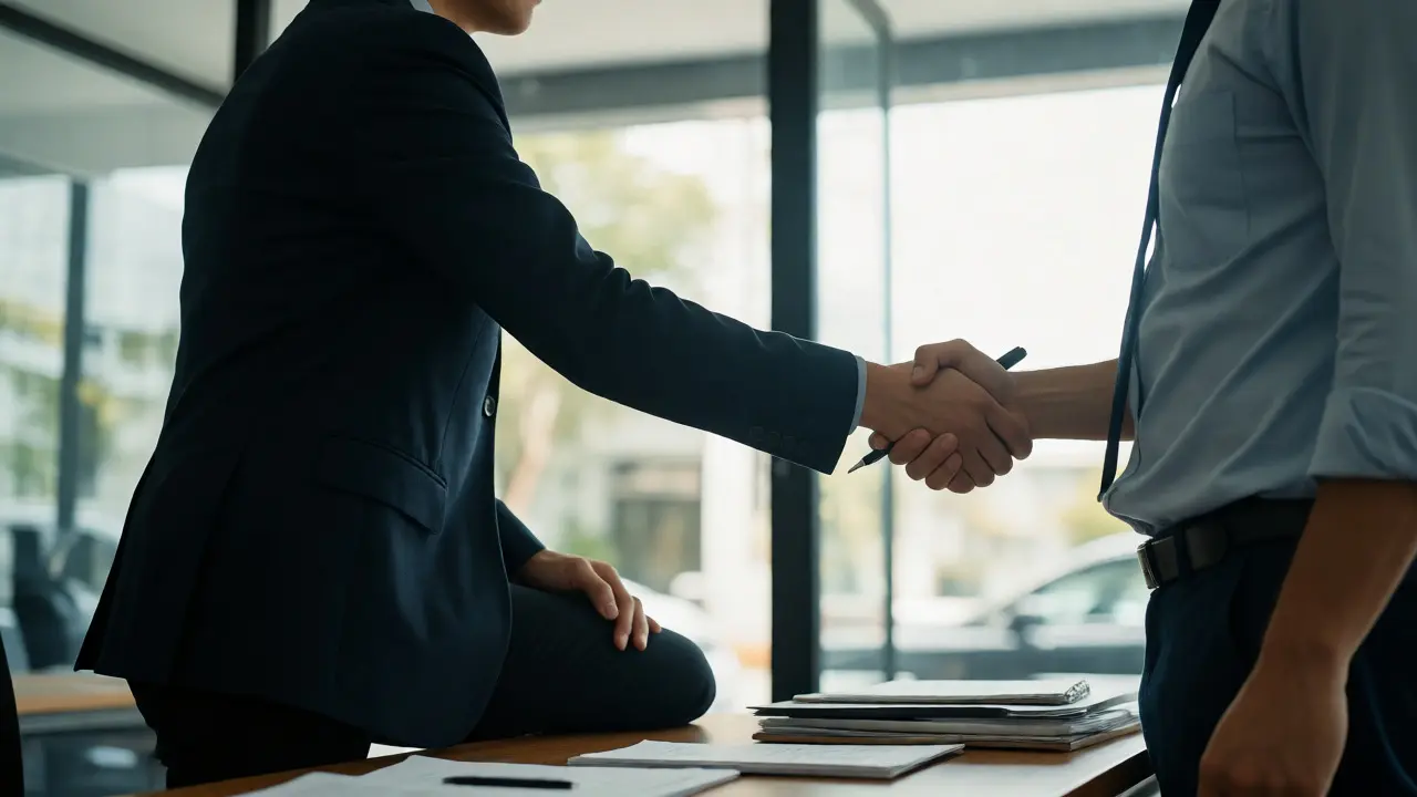 Confident customer shaking hands and walking away from a car deal.