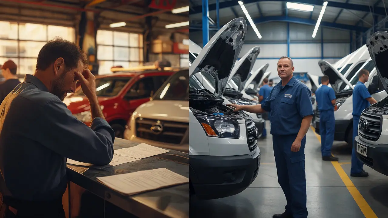 Contrast between a busy third-party garage and an efficient internal fleet workshop.