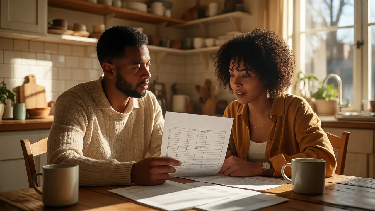 Couple happily reviewing loan documents over coffee at home