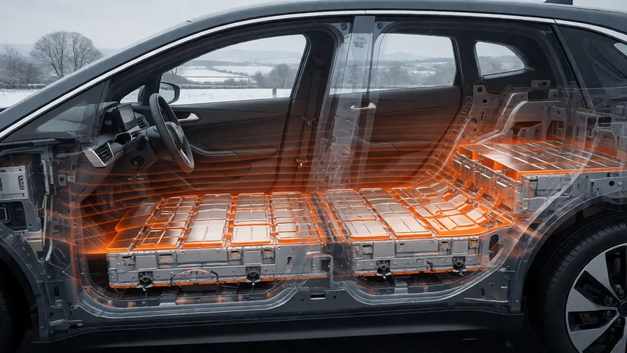 Cross-section of an EV showing structural battery packs and heat pumps